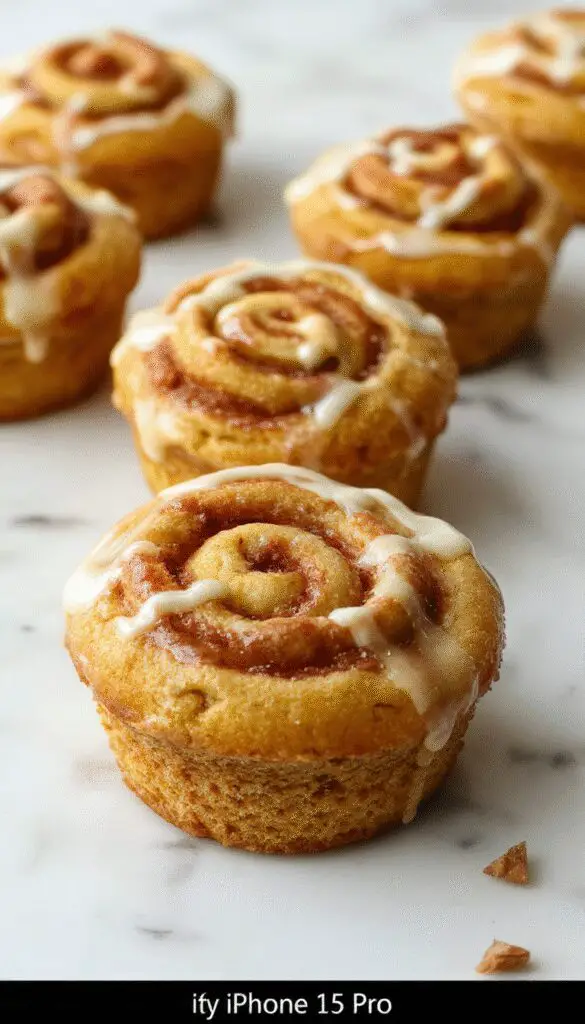 A close-up of golden-brown pumpkin cinnamon roll muffins arranged on a rustic wooden tray, with swirls of cinnamon and pumpkin peeking through the tops and a drizzle of icing on some muffins, set against a cozy fall-themed backdrop with autumn leaves.
