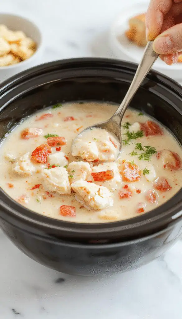 A steaming bowl of white chicken chili garnished with fresh cilantro and a dollop of sour cream, surrounded by ingredients like chicken, beans, and spices. The chili has a creamy texture with visible chunks of chicken and beans, served in a rustic white bowl on a wooden table, with a cozy fall ambiance.