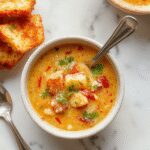 A creamy cauliflower soup served in a rustic white bowl, garnished with fresh chopped herbs and a drizzle of olive oil, placed on a wooden table with a spoon resting nearby. The soup has a smooth, velvety texture and a warm, inviting color.