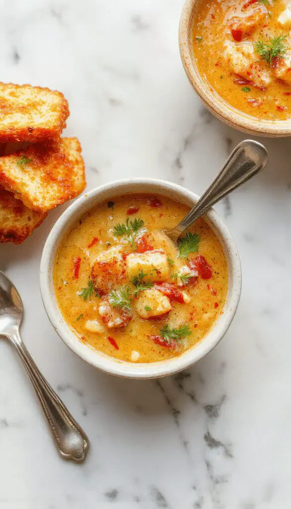 A creamy cauliflower soup served in a rustic white bowl, garnished with fresh chopped herbs and a drizzle of olive oil, placed on a wooden table with a spoon resting nearby. The soup has a smooth, velvety texture and a warm, inviting color.