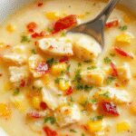A steaming bowl of chicken corn chowder with a creamy, golden-yellow broth filled with tender chunks of chicken, sweet corn kernels, and diced vegetables, garnished with fresh chopped parsley. The bowl is rustic and white, placed on a wooden table with a spoon resting beside it. In the background, a slow cooker and fresh ingredients like corn cobs and herbs suggest a hearty, home-cooked meal.