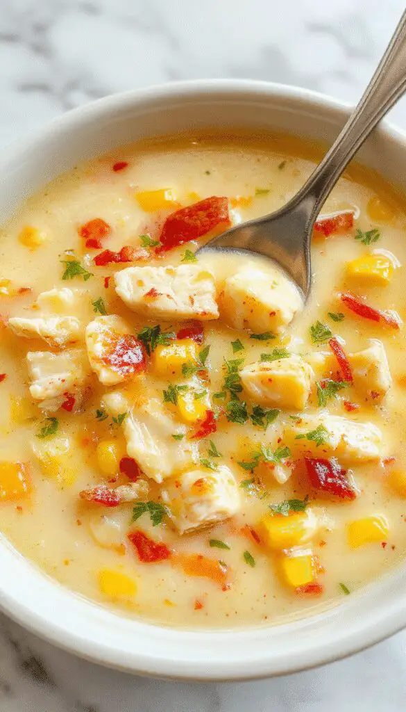 A steaming bowl of chicken corn chowder with a creamy, golden-yellow broth filled with tender chunks of chicken, sweet corn kernels, and diced vegetables, garnished with fresh chopped parsley. The bowl is rustic and white, placed on a wooden table with a spoon resting beside it. In the background, a slow cooker and fresh ingredients like corn cobs and herbs suggest a hearty, home-cooked meal.