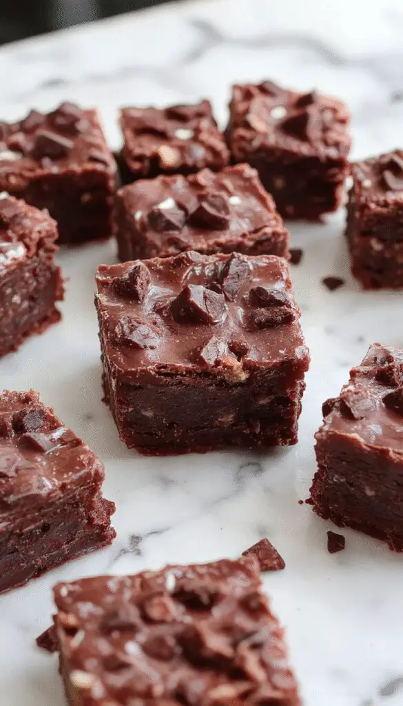 A close-up of vibrant red Vampire Fudge pieces topped with dark chocolate eyes, arranged on a black platter with a spooky Halloween backdrop. The fudge has a glossy surface with a slightly textured finish, accented by creepy eyes and garnished with themed decorations for a vampire-themed party.