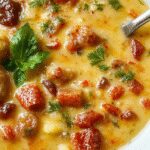 A steaming bowl of Vegan Zuppa Toscana with creamy orange-colored broth, slices of vegan sausage, kale leaves, and chunks of potatoes, garnished with fresh herbs. The soup is presented in a rustic white bowl on a wooden table, with a spoon resting beside it.
