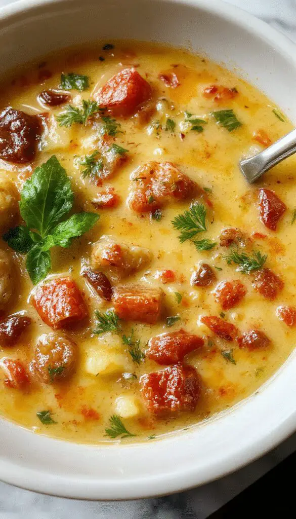 A steaming bowl of Vegan Zuppa Toscana with creamy orange-colored broth, slices of vegan sausage, kale leaves, and chunks of potatoes, garnished with fresh herbs. The soup is presented in a rustic white bowl on a wooden table, with a spoon resting beside it.