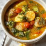 A vibrant bowl of vegetable soup featuring colorful chunks of carrots, celery, potatoes, and green beans in a clear broth, garnished with fresh herbs. The soup is served in a rustic white bowl placed on a wooden surface with a spoon beside it, capturing a warm, inviting look.