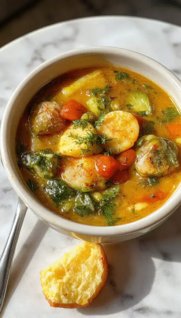 A vibrant bowl of vegetable soup featuring colorful chunks of carrots, celery, potatoes, and green beans in a clear broth, garnished with fresh herbs. The soup is served in a rustic white bowl placed on a wooden surface with a spoon beside it, capturing a warm, inviting look.