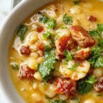 A steaming bowl of hearty vegetarian barley soup, filled with tender barley grains, diced vegetables, and fresh herbs, topped with a sprinkle of chopped parsley, presented in a rustic white bowl against a wooden table background.