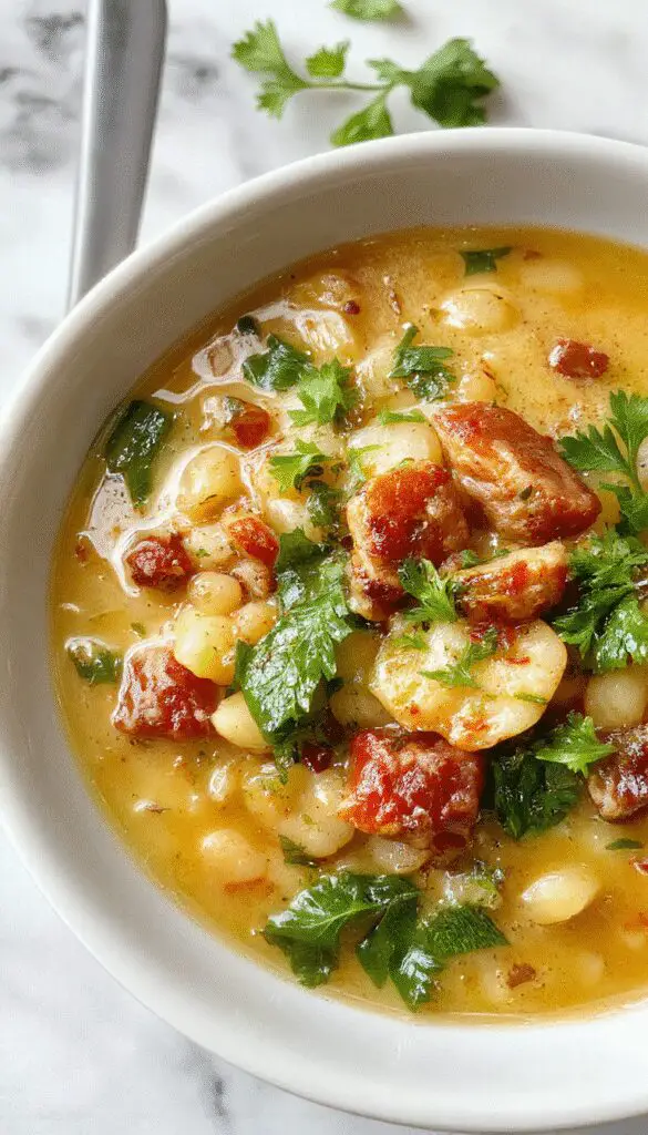 A steaming bowl of hearty vegetarian barley soup, filled with tender barley grains, diced vegetables, and fresh herbs, topped with a sprinkle of chopped parsley, presented in a rustic white bowl against a wooden table background.