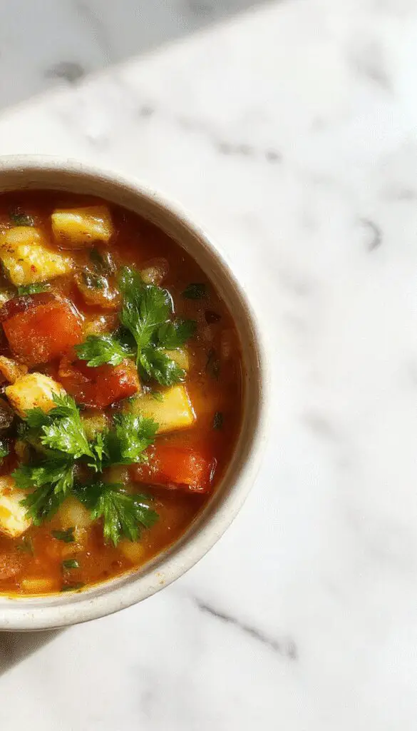 A steaming bowl of Tuscan Vegetable Soup garnished with fresh basil and a drizzle of olive oil. The soup contains colorful vegetables like tomatoes, zucchini, and spinach, with visible chunks of hearty beans and pasta, served on a rustic wooden table with crusty bread on the side.