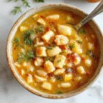 A warm bowl of creamy white bean soup garnished with fresh herbs, served with a slice of crusty bread, steam rising, and vibrant green herbs on top