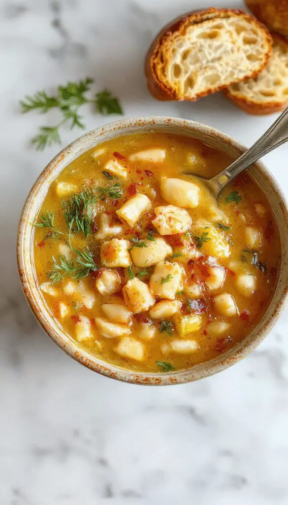 A warm bowl of creamy white bean soup garnished with fresh herbs, served with a slice of crusty bread, steam rising, and vibrant green herbs on top