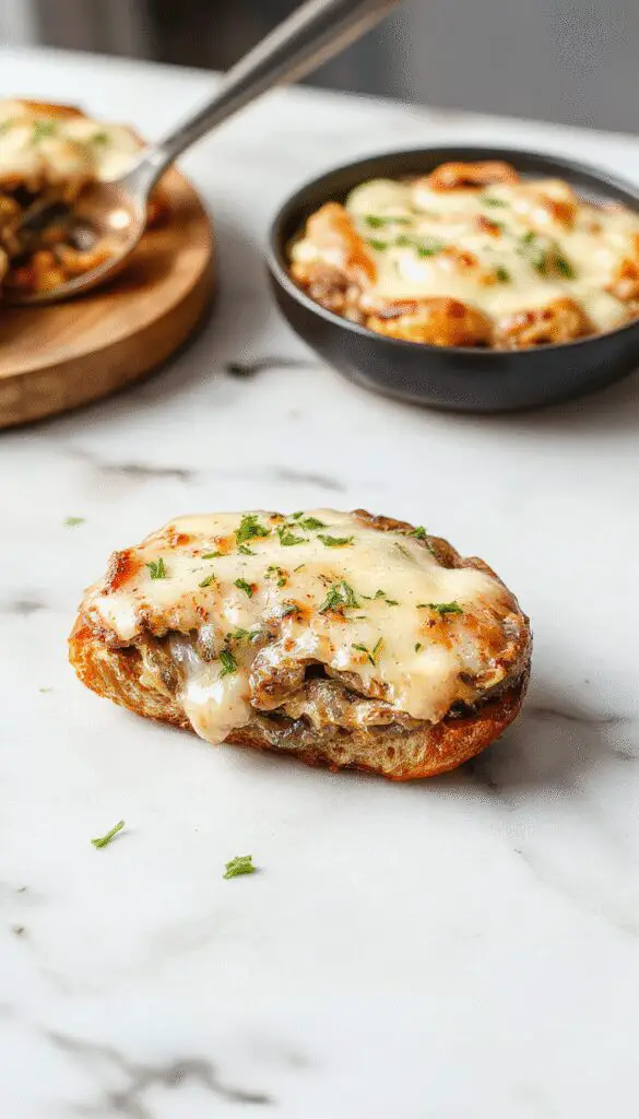 A close-up of a freshly made Swiss Mushroom Melt sandwich showcasing melted Swiss cheese oozing over sautéed mushrooms and toasted bread, garnished with herbs.