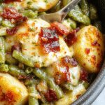 A rustic wooden table showcasing a hearty serving of green beans with bacon, topped with crispy bacon pieces and vibrant green beans, surrounded by diced potatoes in a warm, inviting setting.