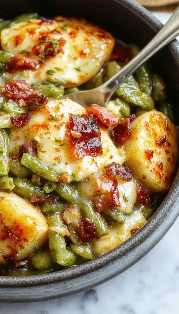 A rustic wooden table showcasing a hearty serving of green beans with bacon, topped with crispy bacon pieces and vibrant green beans, surrounded by diced potatoes in a warm, inviting setting.