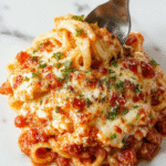 A golden-brown baked spaghetti casserole topped with melted cheese and visible dollops of cream cheese, served in a white dish. The casserole is garnished with chopped herbs and sits on a rustic wooden table, with steam rising, highlighting its creamy texture and inviting appearance.