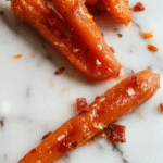 A close-up of a rustic white plate filled with glistening candied carrots cooked to a rich caramel color. The carrots are sliced into thick rounds, coated in a glossy brown sugar glaze with hints of honey and cinnamon. They sit on a dark wooden table, garnished with a sprinkle of chopped fresh herbs and a drizzle of additional glaze visible on the surface.