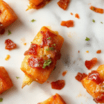 A close-up of glazed carrots wrapped in crispy bacon strips, arranged on a white ceramic platter. The carrots glisten with a caramelized maple glaze, with the bacon edges slightly charred and crispy. The presentation is elegant, emphasizing the vibrant orange of the carrots contrasted against the rich brown bacon and glossy glaze.