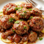 A close-up of a serving dish filled with golden-brown Salisbury steak meatballs coated in a rich, savory brown gravy. The meatballs are garnished with fresh herbs and served alongside fluffy mashed potatoes and steaming vegetables. The dish is presented on a rustic wooden table with a warm, inviting ambiance.