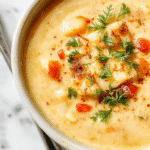 A steaming bowl of vibrant, hearty soup sits on a rustic wooden table. The soup is rich in color, filled with chunks of vegetables, tender meat, and herbs, garnished with fresh parsley. Surrounding the bowl are ingredients like spices, herbs, and crusty bread, creating an inviting, warm scene perfect for a comforting meal.